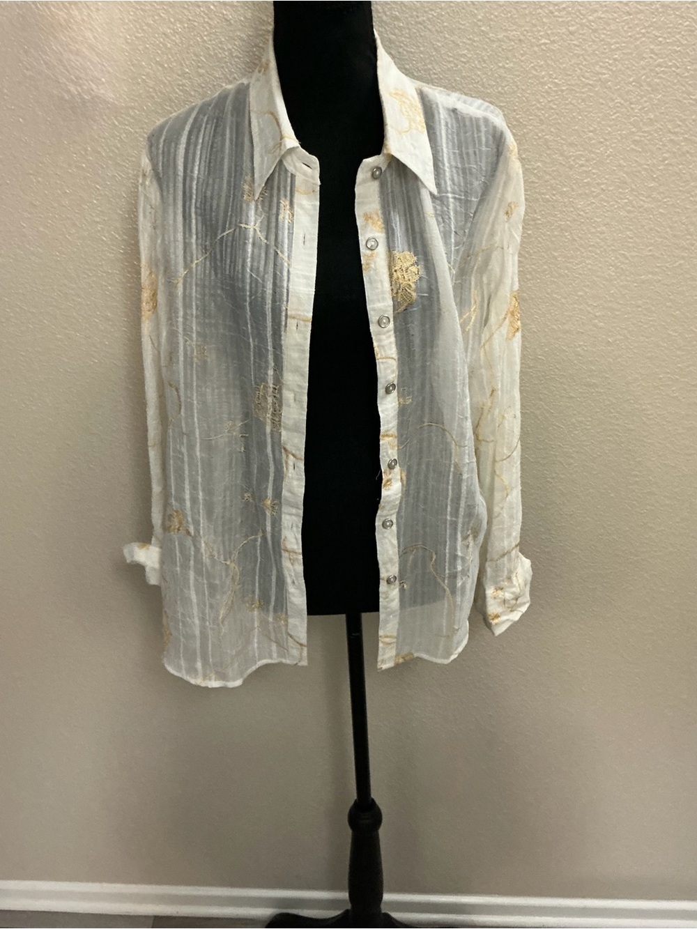 Celine Sheer White Button-Up Shirt Jacket with Gold Floral Embroidery
